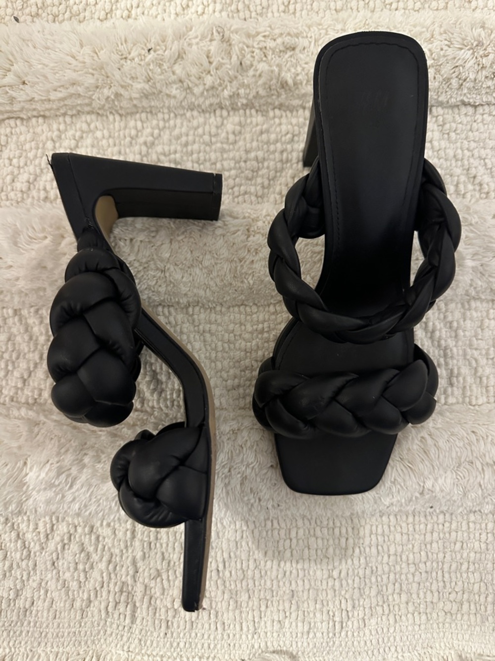 H&M Black Braided Strap Square-Toe Heeled Mules